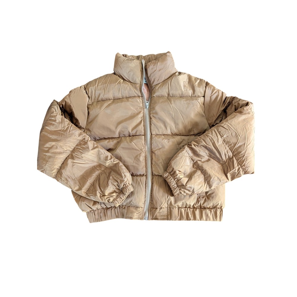 New Women Brown Cropped Puffer Jacket XL Quilted Zip Up Elastic Hem fall winter